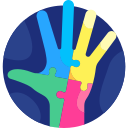 A colorful puzzle piece hand icon representing autism awareness and diversity on a dark blue background.