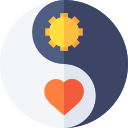 A yin yang symbol featuring a yellow gear and a red heart icon representing work-life balance.