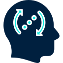 A silhouette of a human head with arrows rotating around dots, symbolizing cognitive processing and mental optimization.