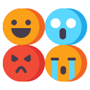 A square arrangement of four emoji faces depicting different emotions: happy, scared, angry, and crying.
