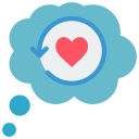 Blue thought bubble icon with a red heart and a circular refresh arrow representing emotional renewal.