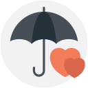 Flat icon of a black umbrella protecting two orange hearts, symbolizing insurance and care.