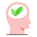Illustration of a human head profile with green leaves inside the brain symbolizing mental health and growth.
