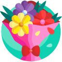 Colorful flat illustration of a flower bouquet with yellow, purple, and red blossoms.
