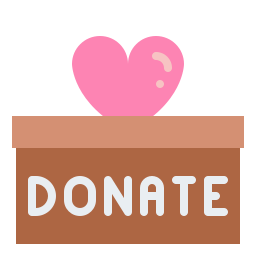 A brown charity donation box with a pink heart icon representing philanthropy and giving.