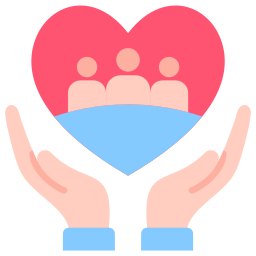 Flat illustration of hands holding a heart with a family icon, symbolizing community care and support.