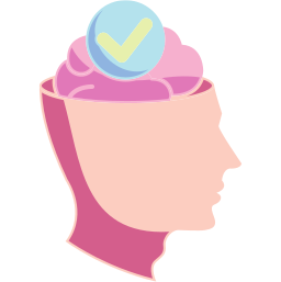 Illustration of a human head silhouette with a brain and a checkmark icon representing mental health and decision making.