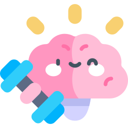A cute pink cartoon brain lifting a blue dumbbell to represent mental health and brain training.