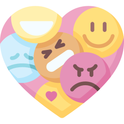 A heart-shaped collage of colorful emoji icons representing various emotions like happy, sad, and angry.
