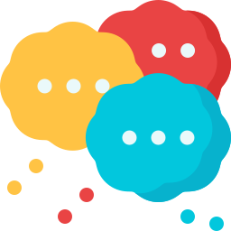 Flat design illustration of colorful overlapping speech bubble icons representing communication and messaging.