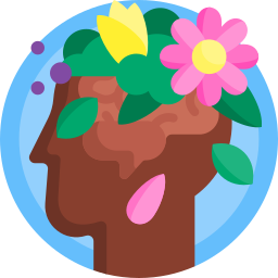 Flat illustration of a human profile with colorful blooming flowers and leaves growing from the brain.