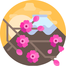 Flat vector illustration of pink cherry blossoms in front of Mount Fuji at sunset.