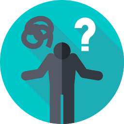Flat icon of a confused person shrugging with a question mark and scribble representing uncertainty.