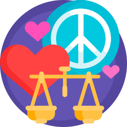 Flat icon illustration featuring a peace symbol, red hearts, and golden scales of justice.