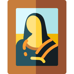 Minimalist flat art icon of the Mona Lisa portrait painting in a brown frame.