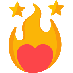 A red heart icon inside a burning yellow fire flame with two gold stars above it on a black background.