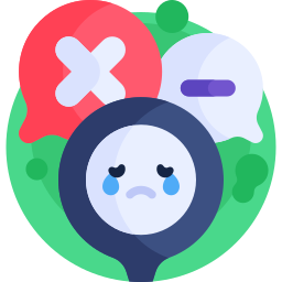 Crying sad face emoji icon surrounded by negative symbols and red rejection marks.