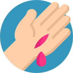 Flat illustration of a wounded hand with a bleeding cut for first aid training.
