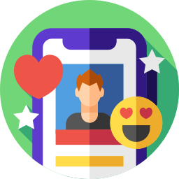 Flat design illustration of a mobile dating app profile with heart and emoji icons.