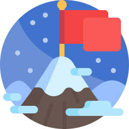 Flat icon of a red flag on a snowy mountain peak symbolizing success and goal achievement.