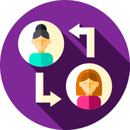 Flat design icon representing social interaction and peer exchange between two female avatars.