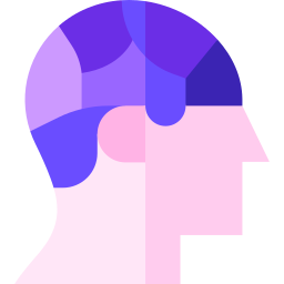 A minimalist profile illustration of a human head with a purple geometric mosaic brain on a black background.