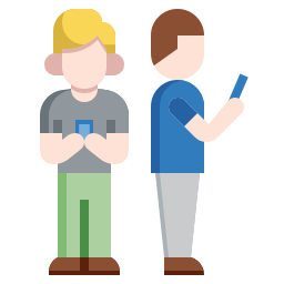 Flat vector illustration of two people standing and using their smartphones.