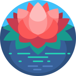 A stylized pink lotus flower illustration floating on blue water inside a circular frame.