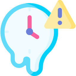 A flat design icon of a melting clock with a yellow warning triangle and exclamation point to represent a deadline alert.
