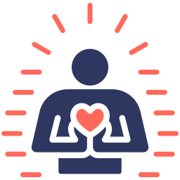 A person icon holding a heart with glowing light rays representing self-love and empathy.