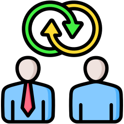 Business collaboration icon featuring two people with interlocking circular arrows symbolizing a partnership.