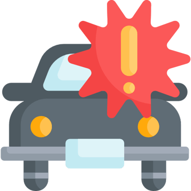 Flat icon of a car with a red warning exclamation mark symbol indicating vehicle alert or engine trouble.