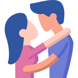 Flat illustration of a romantic couple embracing and hugging on a black background.