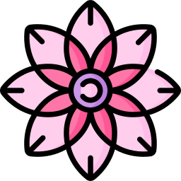 Symmetrical pink cherry blossom icon with a purple center on a black background.