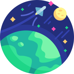 Flat vector illustration of a rocket ship flying past Earth and the moon in outer space.