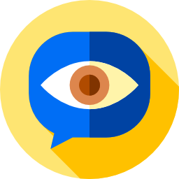 Flat design icon of a blue speech bubble containing a brown eye on a yellow background.