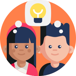 Flat illustration of diverse students brainstorming with a light bulb icon representing a creative idea.