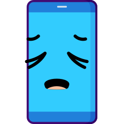 A blue cartoon smartphone character with a sad and tired facial expression.