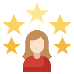 Flat icon of a female customer avatar surrounded by five gold rating stars for high quality service.