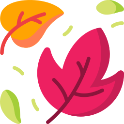 Flat illustration of colorful autumn leaves in red, orange, and green blowing in the wind.