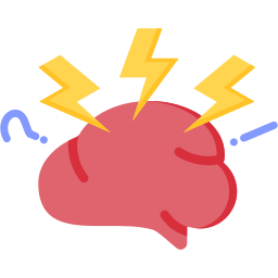 A red brain icon with yellow lightning bolts and punctuation marks representing stress or mental health.