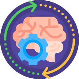 Brain with blue gear and circular arrows representing cognitive processing and mental health development.