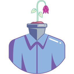 Vector illustration of a purple flower growing from a potted plant head on a blue shirt torso.