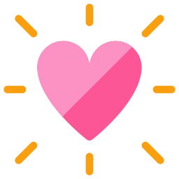 A glowing pink heart icon with orange rays on a black background.