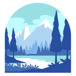 Flat vector illustration of a blue mountain landscape with pine trees and a calm lake.