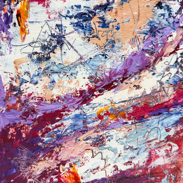 Abstract oil painting with textured brushstrokes of purple, blue, and red on white canvas.