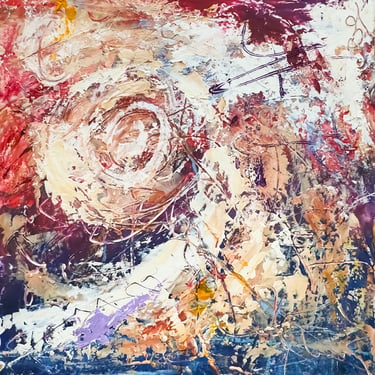 Textured abstract oil painting featuring expressive impasto brushstrokes in red, cream, and blue hues.