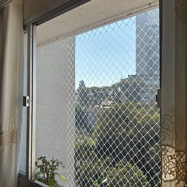 janela de apartamento vista por dentro com rede de proteção; cortinas claras nas laterais, plantas no parapeito e, ao fundo,