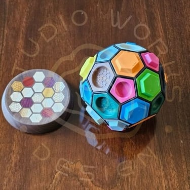 Round concave display holder with hexagonal exotic wood inlays