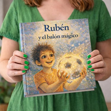 Mujer sosteniendo cuento infantil personalizado